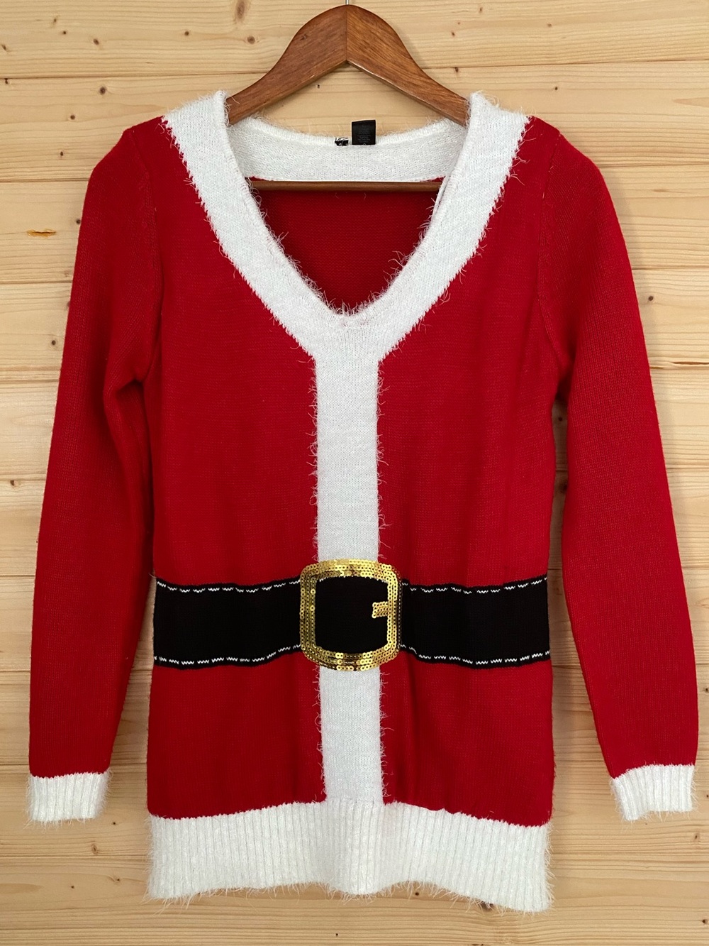 Christmas Santa Sweater Red Fuzzy White Trim Gold Sequin Belt Buckle Holiday